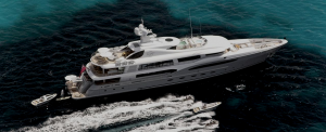 Superyacht cruising through deep blue waters besides smaller vessels.