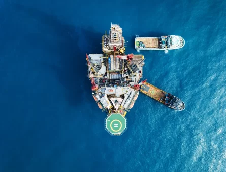 Birdseye view of offshore platform with two vessels nearby