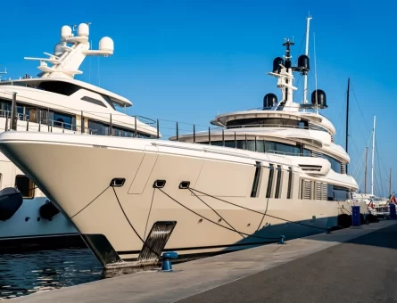 Superyachts docked in the marina on a bright day ready for a refit